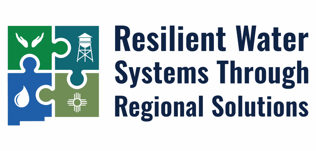 Logo with four interlocking puzzle pieces (green hands, blue water droplet, teal water tower, and green sun symbol) next to the text “Resilient Water Systems Through Regional Solutions.”